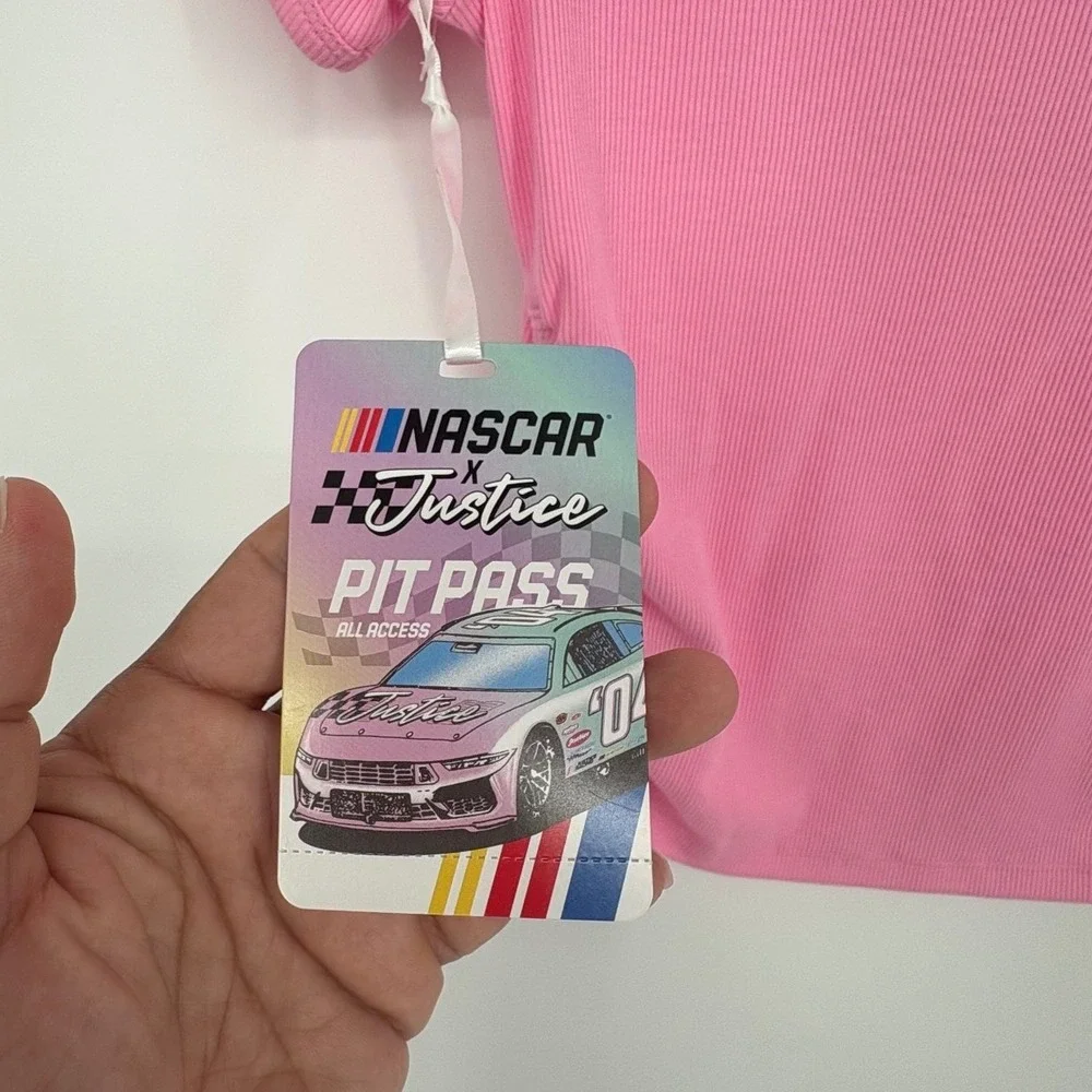 Justice NASCAR Top Girls XL 16-18 Pink Ribbed Cinched Side Square Neck NEW